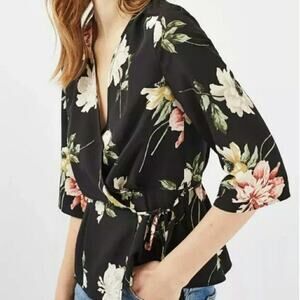 Topshop Black Floral Short Sleeve Blouse Top Size 4